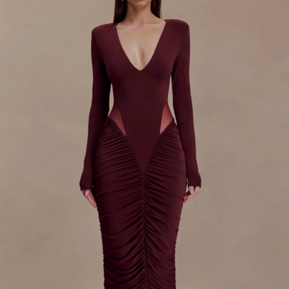 MESHKI Louanne Slinky Long Sleeve Maxi Dress - Burgundy